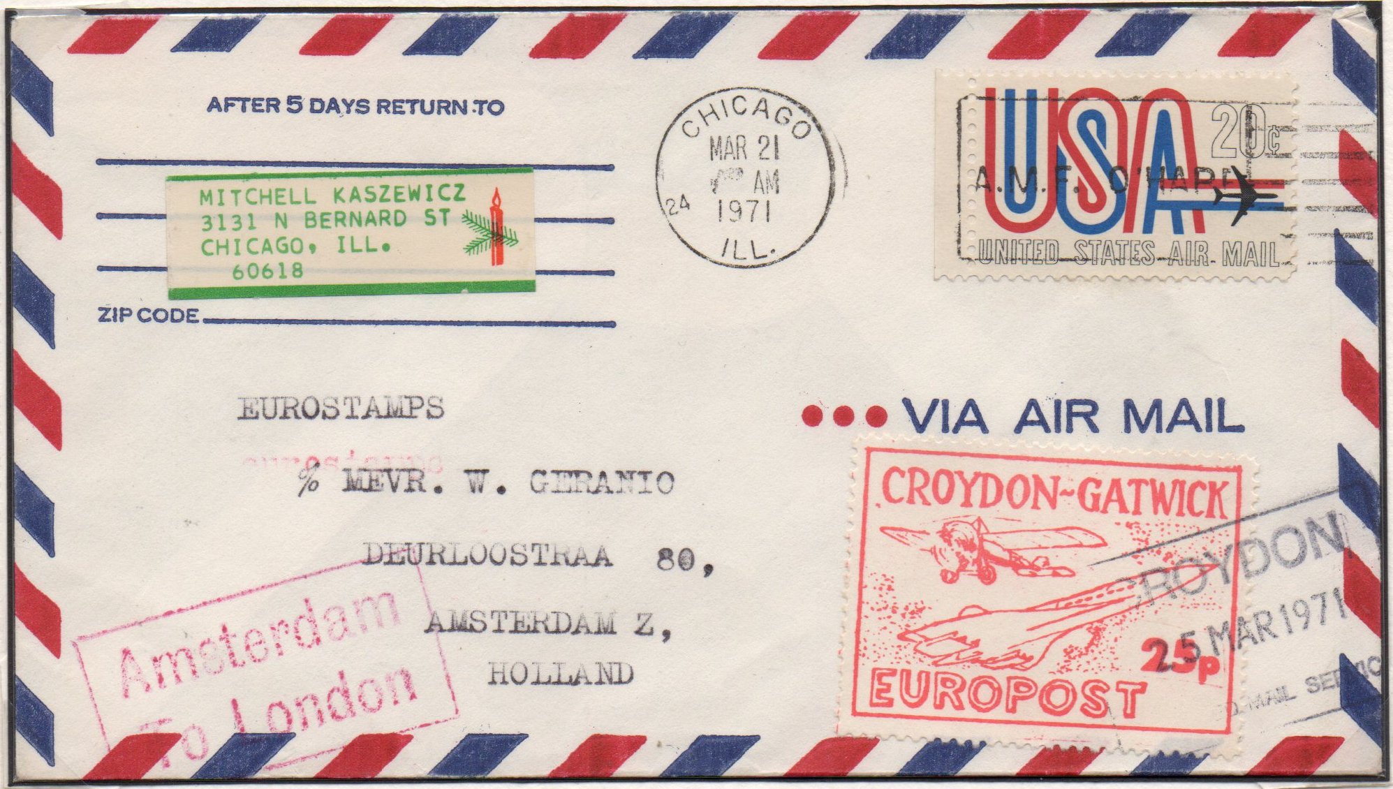1971 Croydon Gatwick Strike Post 25p, variety 'heavily printed' , with its blurred appearance, single rate cover from Budakalasz, Hungary, a scarce 'Iron Curtain' strike post cover.  Arrival cancellation March 11th, 4 days after the end of the postal strike 
